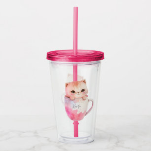 Copo De Acrílico Kawaii Blushing Pink Chibi Cat