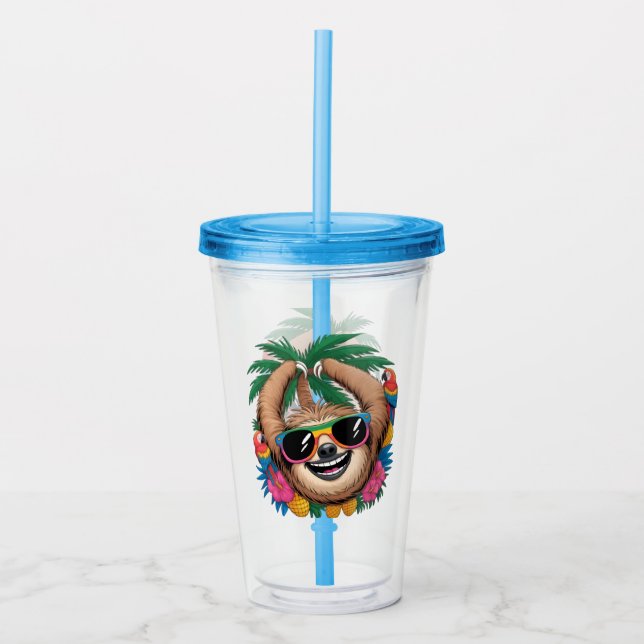 Copo De Acrílico Kawaii Tropical Sloth – Cute Summer Vibes Rainbow  (Frente)