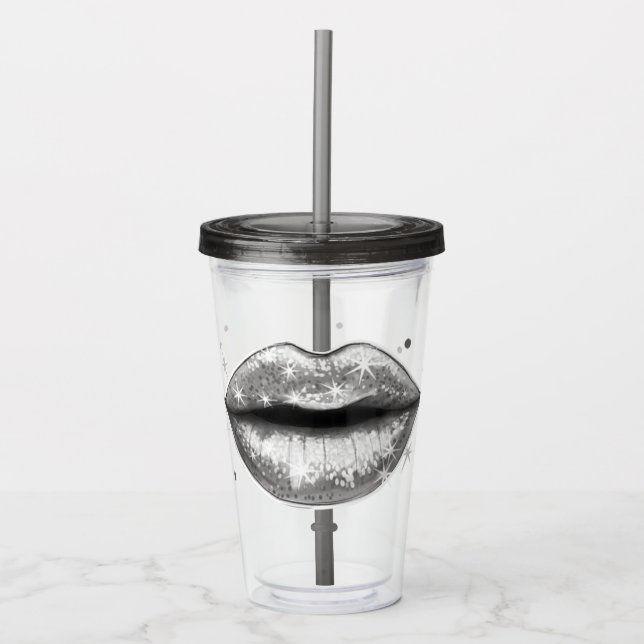 Copo De Acrílico Lábios de Amar Prateados Personalizados (Frente)