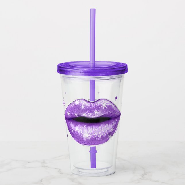 Copo De Acrílico Lábios de amor roxo com brilho (Frente)
