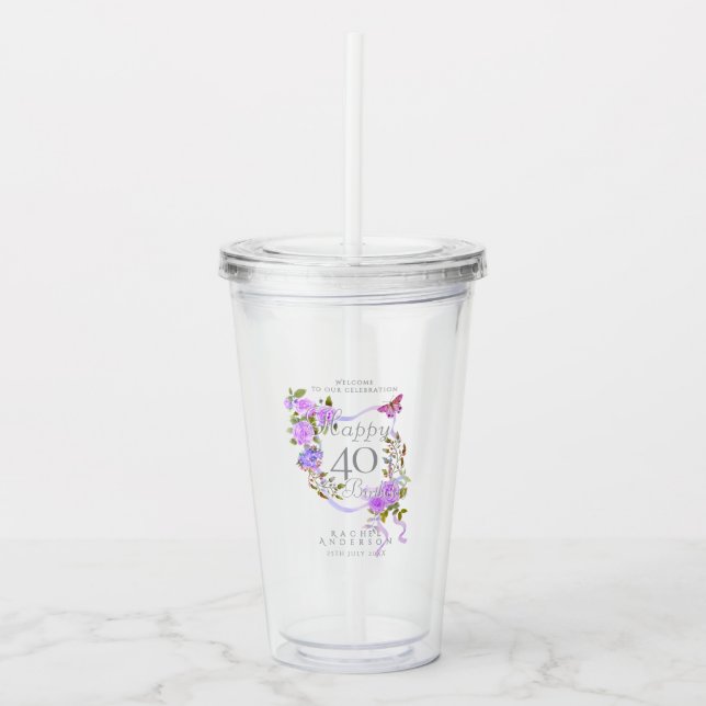 Copo De Acrílico Laço de Rosa Roxa 40º Aniversário (Frente)