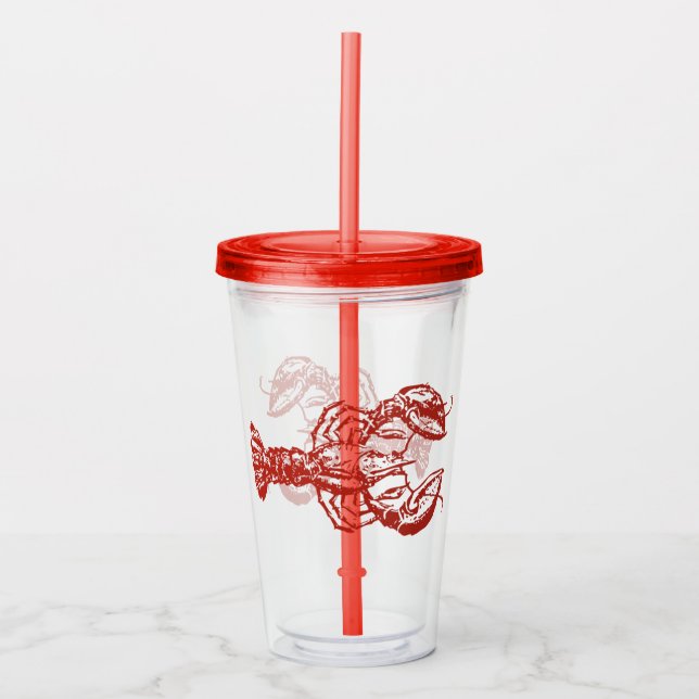 Copo De Acrílico Lagosta Vintage Woodcut, vermelho (Frente)