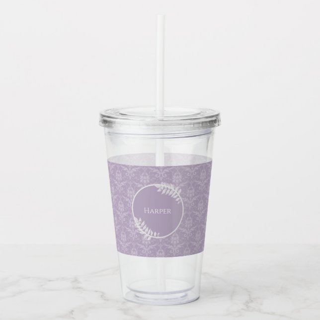 Copo De Acrílico Lavanda Elegante Damask Personalizado (Frente)