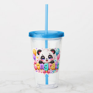 Copo De Acrílico Lindo Kawaii Parabéns Panda Nome Pastel Rosa Gradu