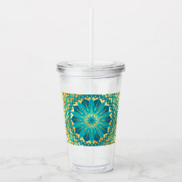 Copo De Acrílico Mandala Flor de Ouro Azul