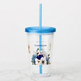 Copo De Acrílico Marinho Dusty Blue Ivory Floral Dourado Splatter