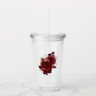 Copo De Acrílico Maroon e Dourada Vintage Floral