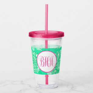 Copo De Acrílico Mint Floral e Monograma