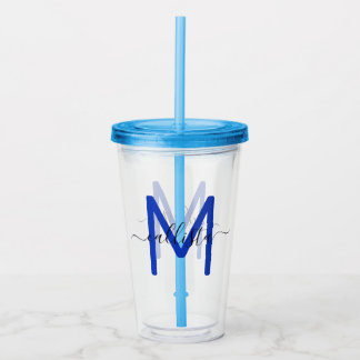Copo De Acrílico Monograma Branco Azul-Marinho Simples Elegante