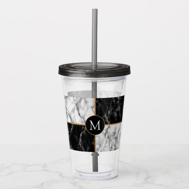 Copo De Acrílico Monograma - Letra Acryler Tumbler Preto Marble (Frente)