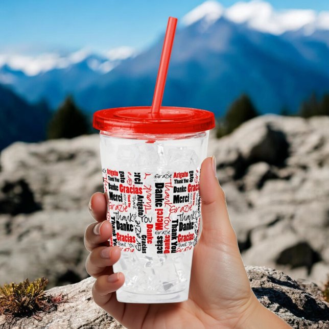 Copo De Acrílico Multilingues Obrigado Tipografia Vermelho Preto (multilingual thank you word cloud )