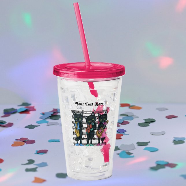 Copo De Acrílico Musical Black Cats Sheet Music Playing Instruments (Musical black cats playing music standing on sheet music on acrylic drink tumbler with lid.)