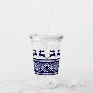 Copo De Acrílico Natal, Folha Escandinava Azul e Branco