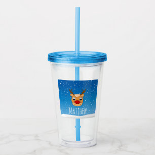 Copo De Acrílico Neve de rena sorridente, azul personalizado