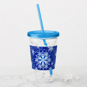 Copo De Acrílico Neve Flocos Azul Acrírio Branco Tumbler