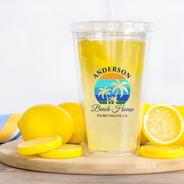 Copo De Acrílico Nome da família Beach House Sun Palm Trees (Customize to change text color, size or text style.)