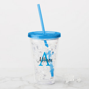Copo De Acrílico Nome Personalizado Azul do Monograma Elegante