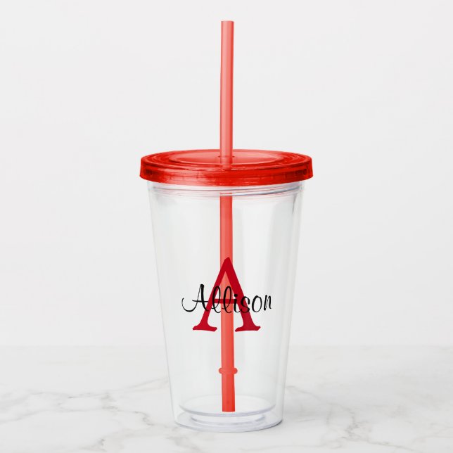 Copo De Acrílico Nome Personalizado Red White Monogram Name (Frente)