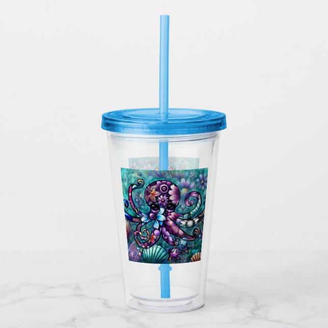 Copo De Acrílico Octopus Floral Teal Roxo Azul Costeira (Frente)