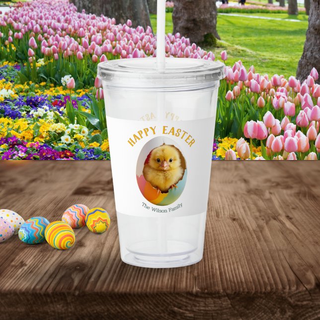 Copo De Acrílico Ovo de Felz pascoa Pintinho de Incubação Correto (A personalized tumbler with picture of an Easter chick in a colorful egg and Happy Easter greeting)