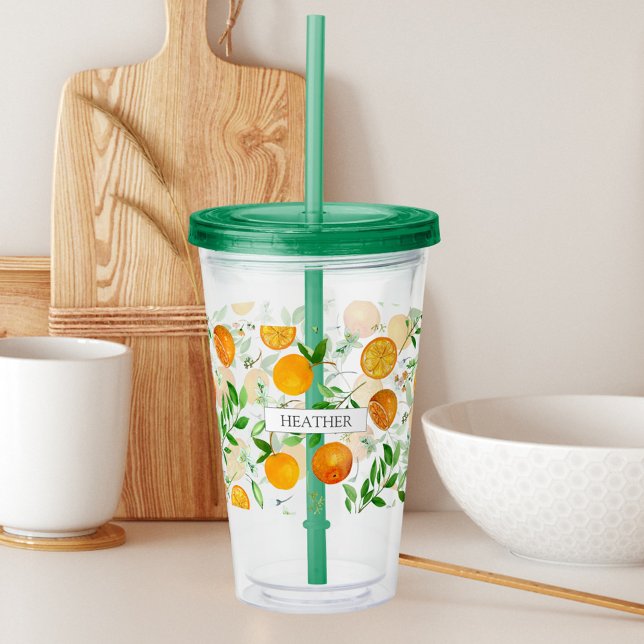 Copo De Acrílico Padrão Botânico Floral de Citrus Summer (In situ)