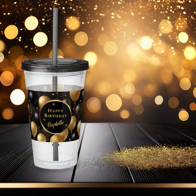 Copo De Acrílico Padrão dos Balões de Aniversário Dourado Elegante (Elegant Black Gold-Tone Faux Glitter Balloons Pattern "Happy Birthday" Party Acrylic Tumbler)