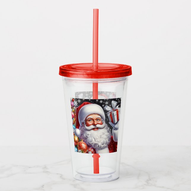Copo De Acrílico Papai Noel clássico com presente e enfeites (Frente)