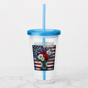 Copo De Acrílico Patriótico, floral Americano angustiado