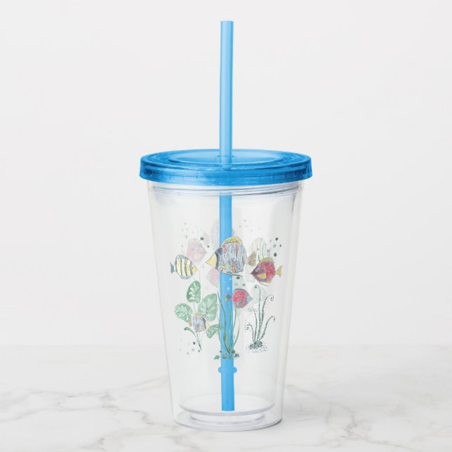 Copo De Acrílico Peixes, fundos marinhos, mar. (Frente)