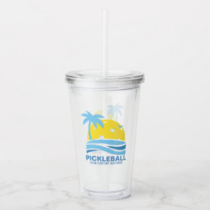 Copo De Acrílico Pickleball Tropical Palm Tree Sun Seu Texto Person