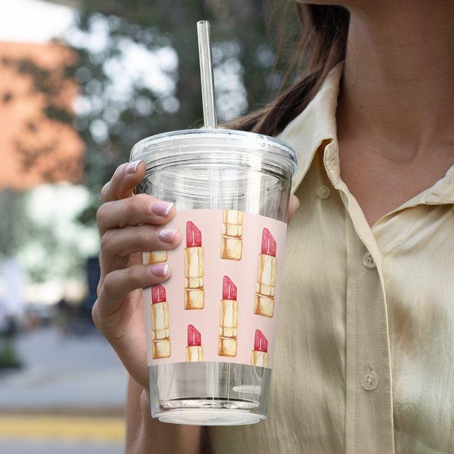 Copo De Acrílico Pink e Lipstick vermelho modernos de Pastel (Criador carregado)
