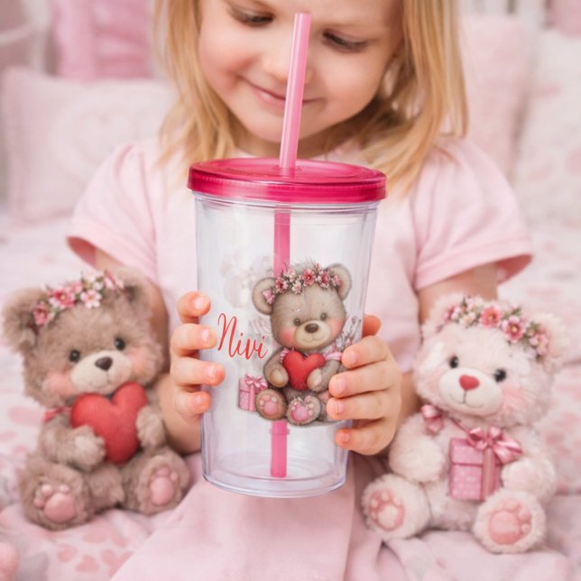 Copo De Acrílico Pink Heart Teddy Bear Tumbler Illustration  (Criador carregado)
