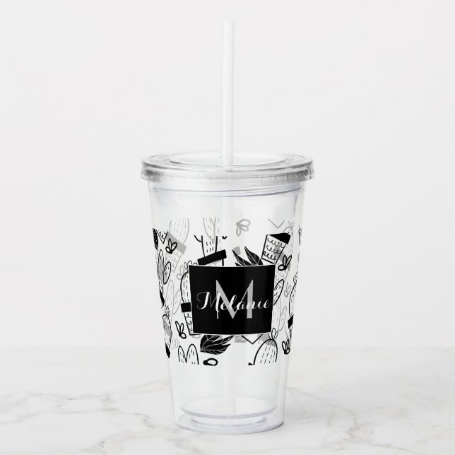 Copo De Acrílico Planta Cactus Doodles Nome do Desenho Monograma (Frente)