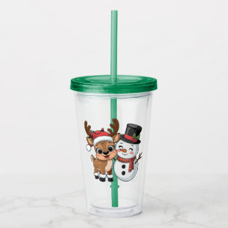 Copo De Acrílico Rena de Natal Fofa & Boneco de Neve