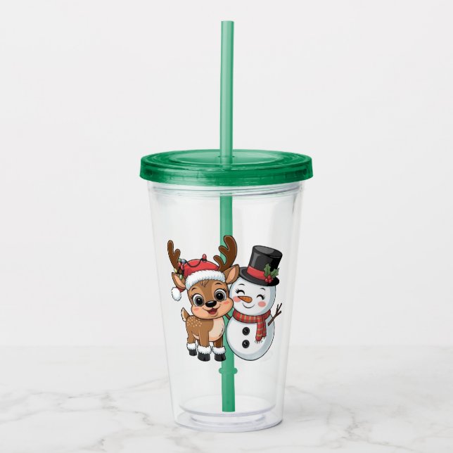 Copo De Acrílico Rena de Natal Fofa & Boneco de Neve (Frente)