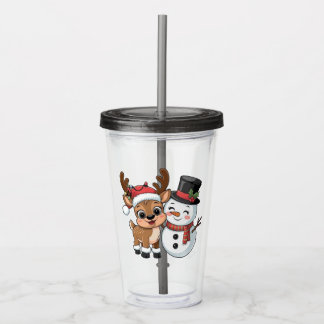 Copo De Acrílico Rena de Natal Fofa & Boneco de Neve