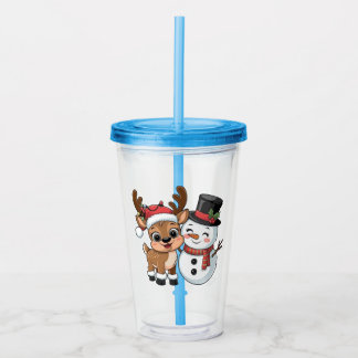 Copo De Acrílico Rena de Natal Fofa & Boneco de Neve