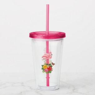 Copo De Acrílico Rico rosa Flamingo e Hibiscus Tropical