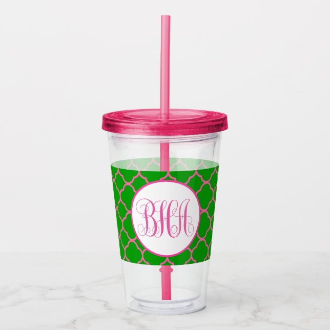 Copo De Acrílico Rosa e Verde Quatrefoil e Monograma (Frente)