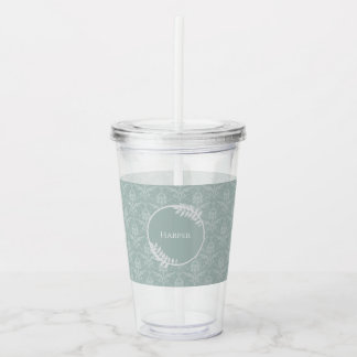 Copo De Acrílico Sage Green Elegant Damask Personalizado