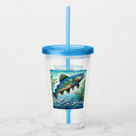 Copo De Acrílico Salmão Jumping Mosaico Floral Azul Pêssego Verde