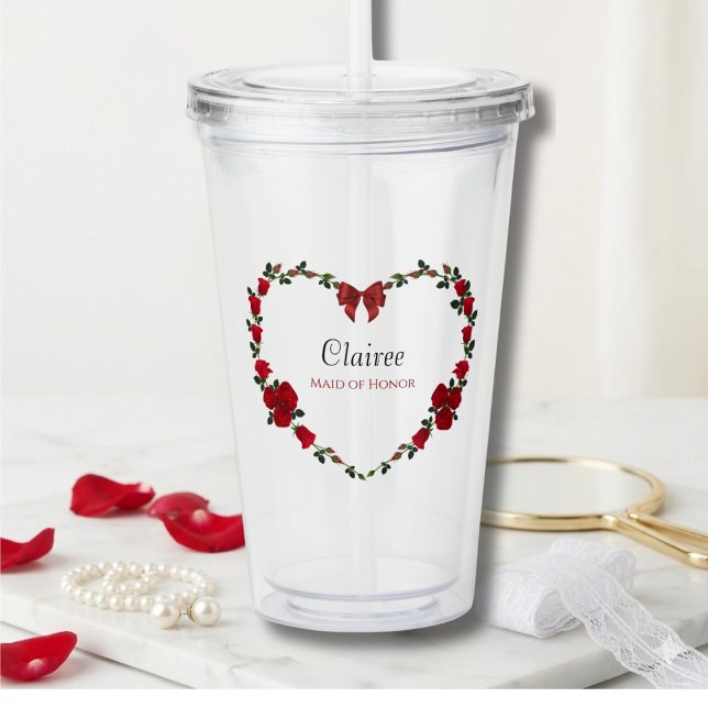 Copo De Acrílico Stylish Red Rose Maid of Honor Gift (Custom Maid of Honor Tumbler featuring a Romantic Red Rose Heart Floral Design)