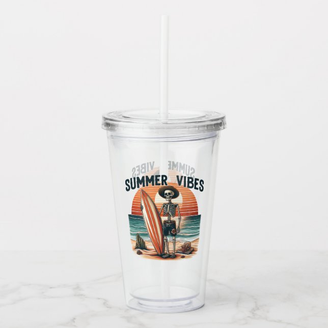 Copo De Acrílico Summer Vibes Skeleton Surfer Sunset Beach Design (Frente)