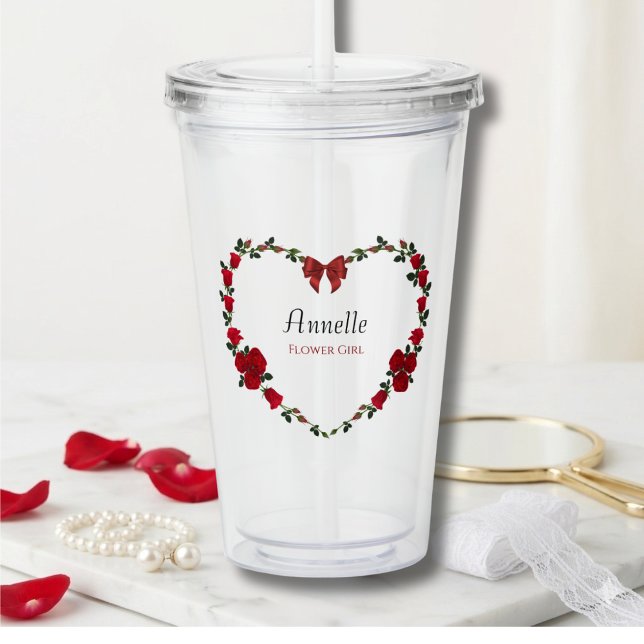 Copo De Acrílico Sweet Red Roses Flower Girl Gift (Sweet Personalized Flower Girl Tumbler featuring a Romantic Red Rose Heart Design)