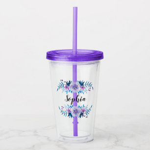 Copo De Acrílico Texto Personalizado de Texto Floral Púrpura Azul-C