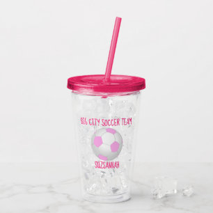 Copo De Acrílico Time & Player Name Girly Pink White Soccer Ball