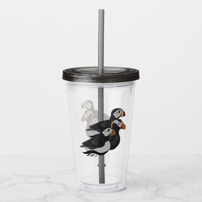 Copo De Acrílico Três Puffins Adoravelmente Amáveis Nadando Cartoon (Frente)