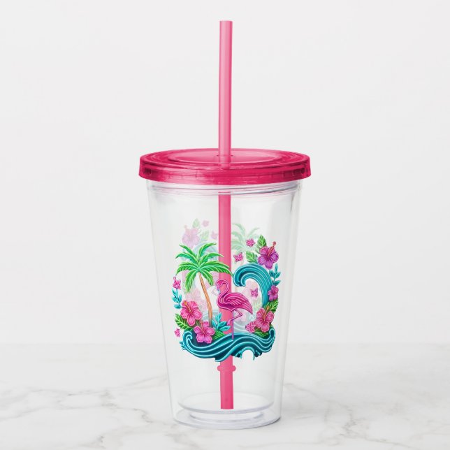 Copo De Acrílico Tropical Neon Flamingo (Frente)