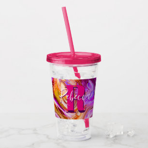 Copo De Acrílico Tumbler Acrílico de Arte Fluida Laranja e Roxo Se