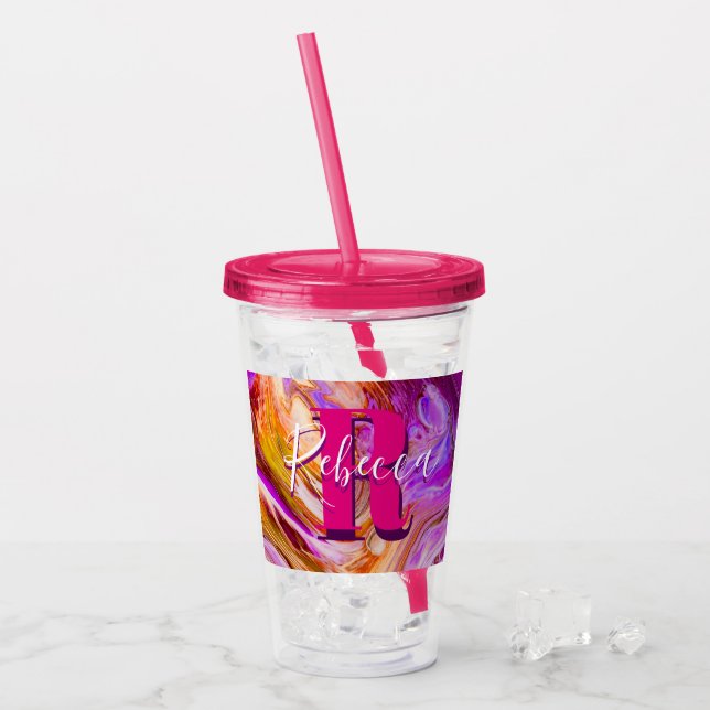 Copo De Acrílico Tumbler Acrílico de Arte Fluida Laranja e Roxo Sel (Gelo frontal)